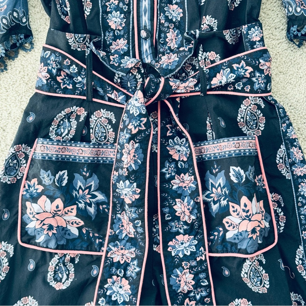 FARM Rio Printed Cotton Poplin Puff Sleeve Jumpsuit Navy Size Medium - Picture 5 of 9